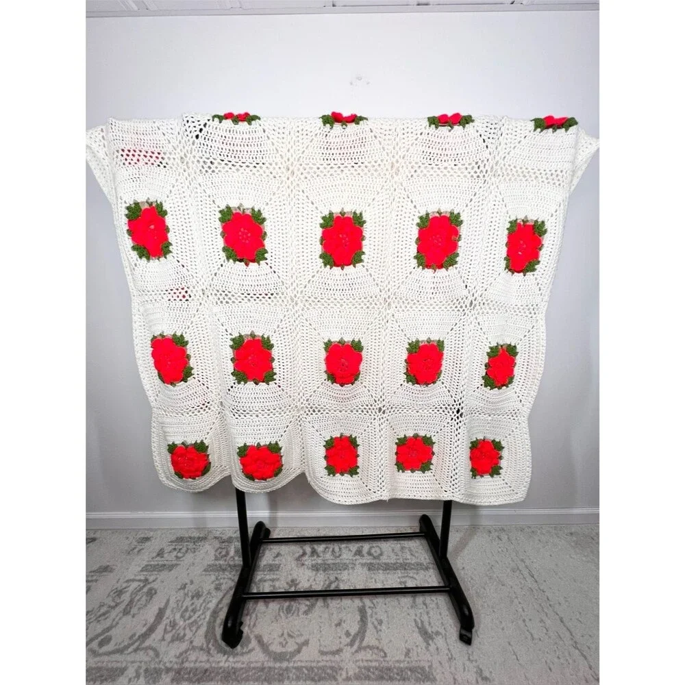 VTG Handmade Crochet Throw 3D Red Roses Granny Square Afghan 72”x60”